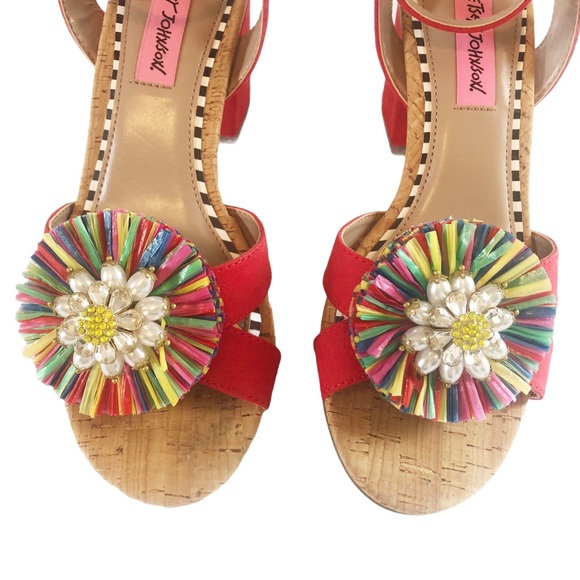 Betsey Johnson Asha Heeled Sandals Red Multi 6.5 - Picture 4 of 10